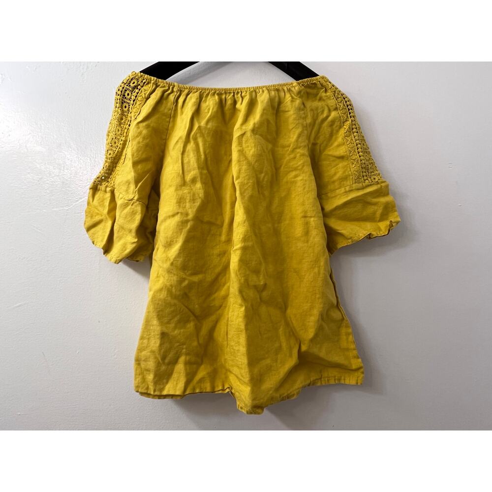 Terzo Millennio Womens Top L - Linen Shirt Crochet Lace Sleeves  Casual - Yellow - Picture 11 of 11